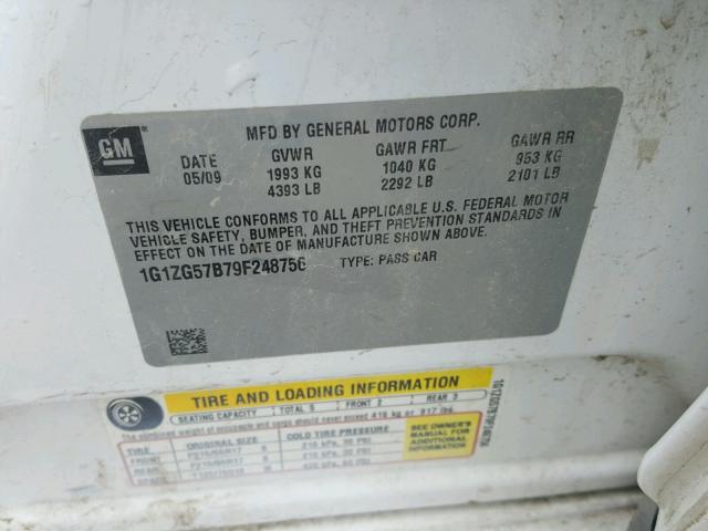 1G1ZG57B79F248756 - 2009 CHEVROLET MALIBU LS WHITE photo 10