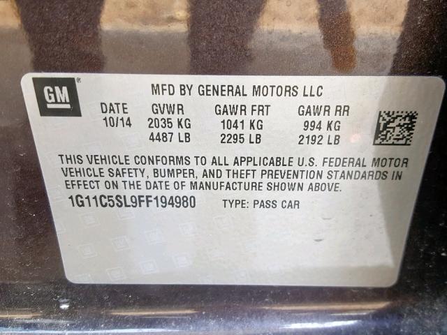 1G11C5SL9FF194980 - 2015 CHEVROLET MALIBU 1LT BLACK photo 10