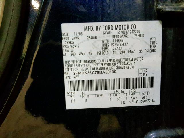 2FMDK36C79BA50190 - 2009 FORD EDGE SE BLUE photo 10