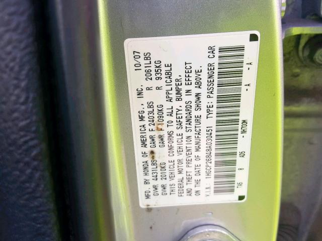 1HGCP26848A030451 - 2008 HONDA ACCORD EXL SILVER photo 10