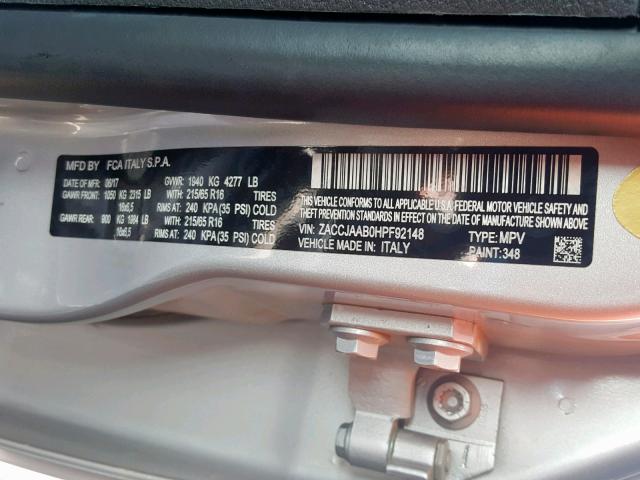 ZACCJAAB0HPF92148 - 2017 JEEP RENEGADE L Արծաթագույն լուսանկար 10