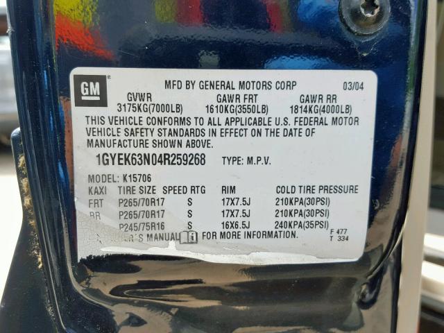 1GYEK63N04R259268 - 2004 CADILLAC ESCALADE L BLUE photo 10