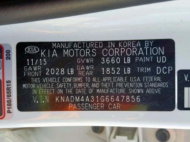 KNADM4A31G6647856 - 2016 KIA RIO LX WHITE photo 10