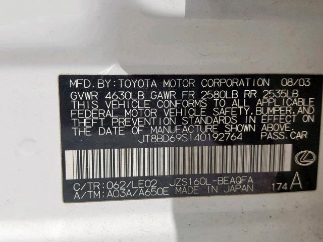 JT8BD69S140192764 - 2004 LEXUS GS 300 WHITE photo 10