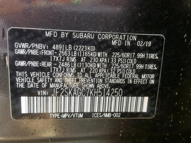 JF2SKAGC7KH514250 - 2019 SUBARU FORESTER P GRAY photo 10