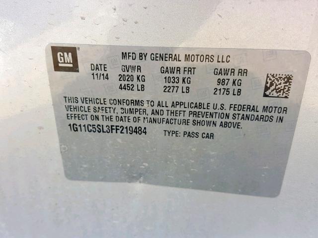 1G11C5SL3FF219484 - 2015 CHEVROLET MALIBU 1LT 银色 照片 10