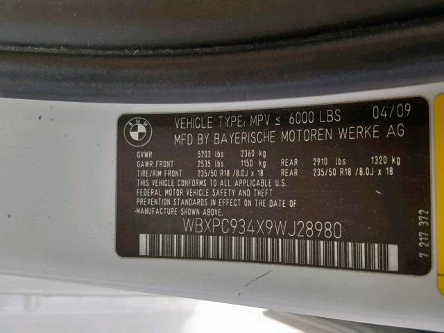 WBXPC934X9WJ28980 - 2009 BMW X3 XDRIVE3 WHITE photo 10