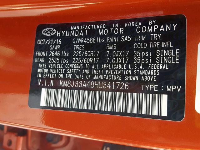 KM8J33A48HU341726 - 2017 HYUNDAI TUCSON LIM ORANGE photo 10