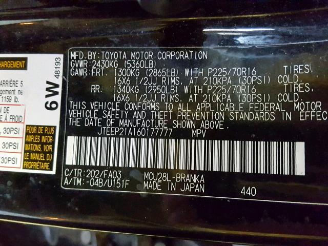 JTEEP21A160177777 - 2006 TOYOTA HIGHLANDER BLACK photo 10