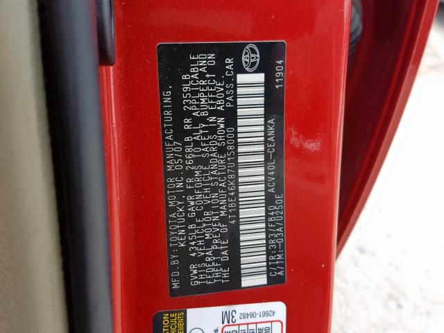 4T1BE46K87U158000 - 2007 TOYOTA CAMRY NEW RED photo 10