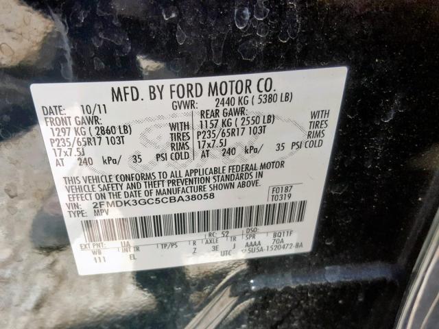 2FMDK3GC5CBA38058 - 2012 FORD EDGE SE BLACK photo 10