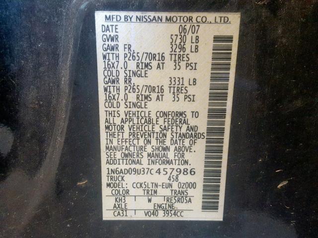 1N6AD09U37C457986 - 2007 NISSAN FRONTIER C BLACK photo 10