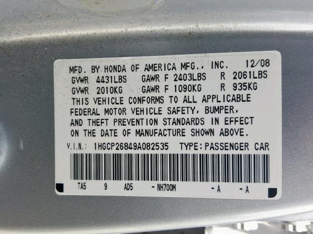 1HGCP26849A082535 - 2009 HONDA ACCORD EXL SILVER photo 10