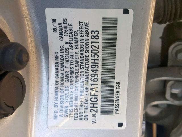 2HGFA16949H502183 - 2009 HONDA CIVIC EXL 银色 照片 10