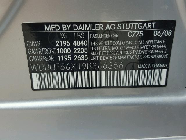 WDBUF56X19B366356 - 2009 MERCEDES-BENZ E 350 SILVER photo 10