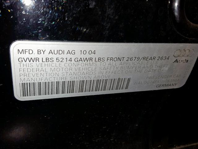 WAUDG74F45N053909 - 2005 AUDI A6 3.2 QUA BLACK photo 10