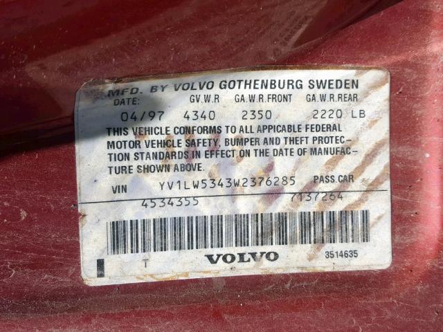 YV1LW5343W2376285 - 1998 VOLVO V70 T5 TUR RED photo 10