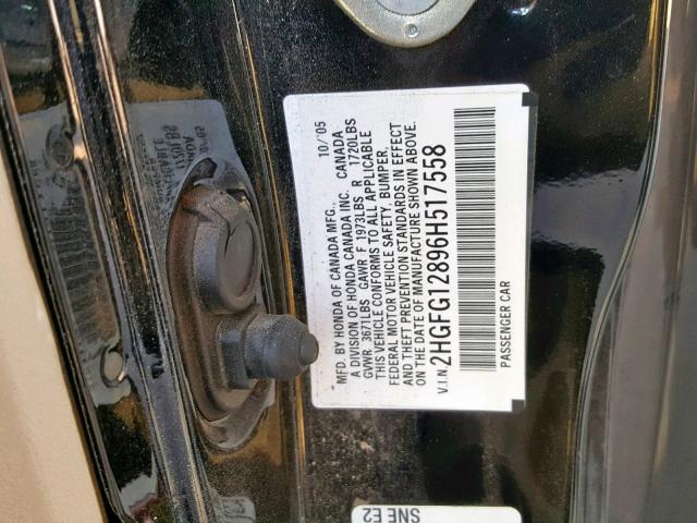 2HGFG12896H517558 - 2006 HONDA CIVIC EX BLACK photo 10