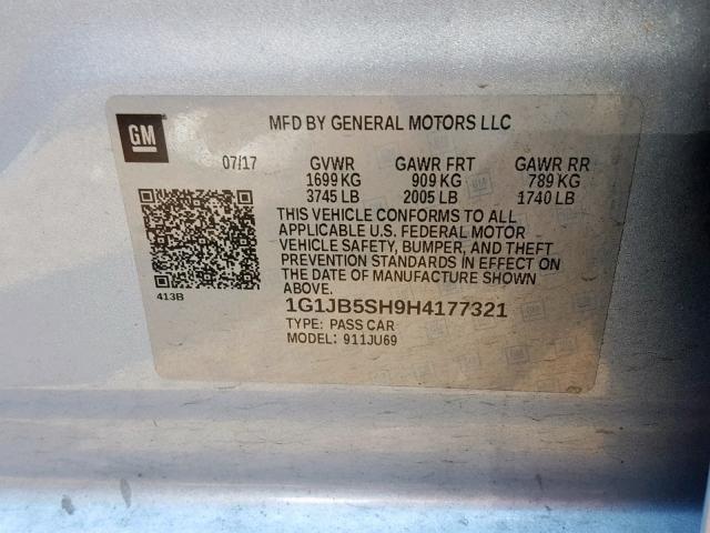 1G1JB5SH9H4177321 - 2017 CHEVROLET SONIC LS CHARCOAL photo 10