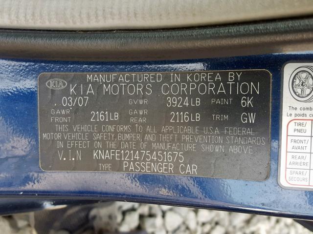 KNAFE121475451675 - 2007 KIA SPECTRA EX BLACK photo 10