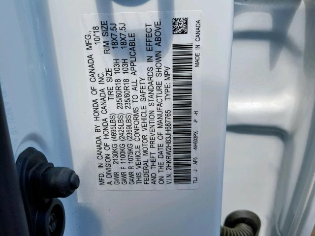 2HKRW2H83JH687765 - 2018 HONDA CR-V EXL WHITE photo 10