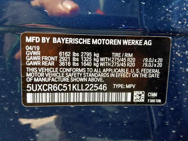 5UXCR6C51KLL22546 - 2019 BMW X5 XDRIVE4 BLUE photo 10