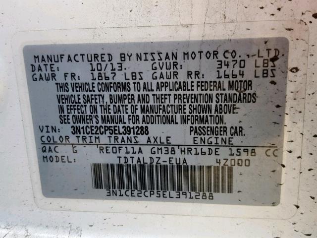 3N1CE2CP5EL391288 - 2014 NISSAN VERSA NOTE WHITE photo 10