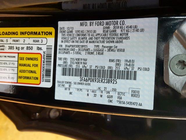 3FA6P0K93ER238925 - 2014 FORD FUSION TIT BLACK photo 10