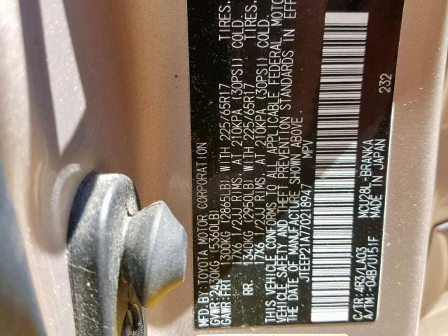 JTEEP21A770218947 - 2007 TOYOTA HIGHLANDER GOLD photo 10