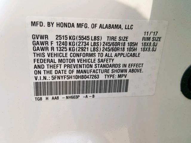 5FNYF5H10HB047263 - 2017 HONDA PILOT LX WHITE photo 10