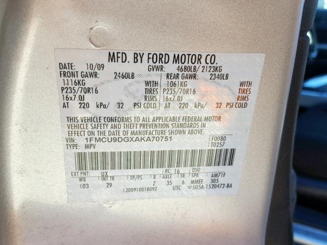 1FMCU9DGXAKA70751 - 2010 FORD ESCAPE XLT SILVER photo 10