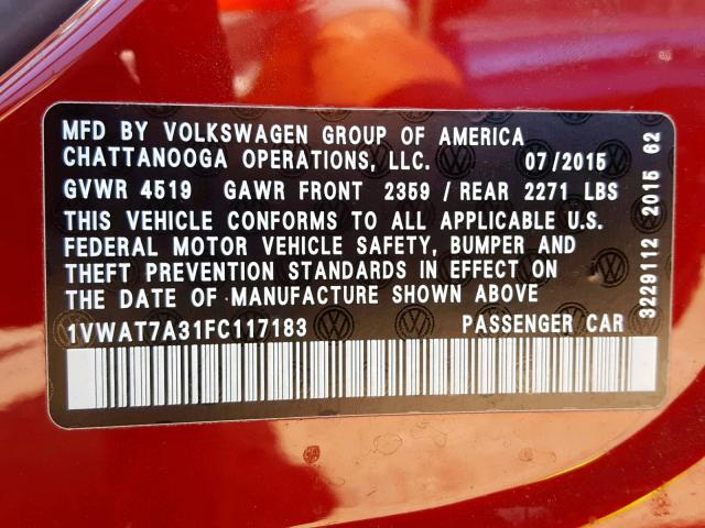 1VWAT7A31FC117183 - 2015 VOLKSWAGEN PASSAT S RED photo 10