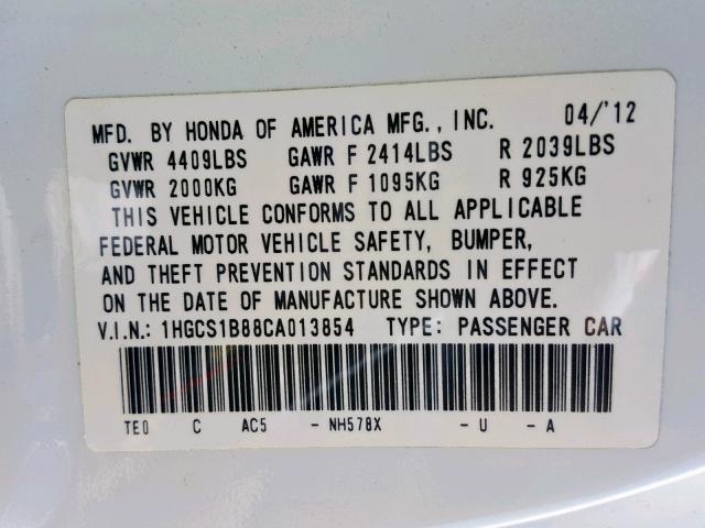 1HGCS1B88CA013854 - 2012 HONDA ACCORD EXL WHITE photo 10