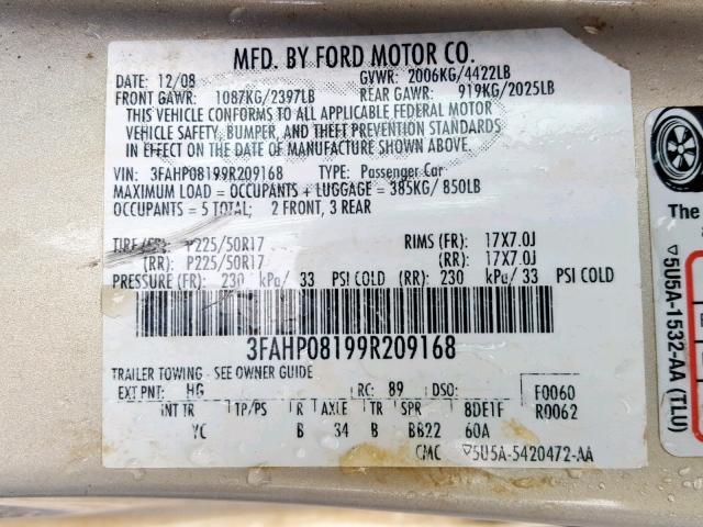 3FAHP08199R209168 - 2009 FORD FUSION SEL CREAM photo 10