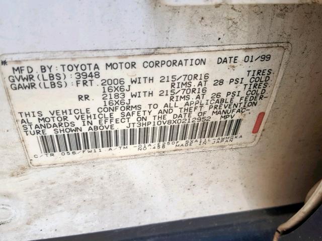 JT3HP10V8X0212952 - 1999 TOYOTA RAV4 WHITE photo 10