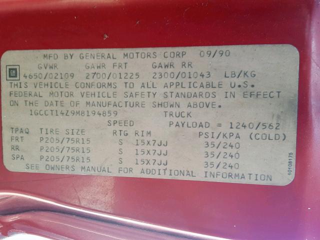 1GCCT14Z9M8194859 - 1991 CHEVROLET S TRUCK S1 RED photo 10