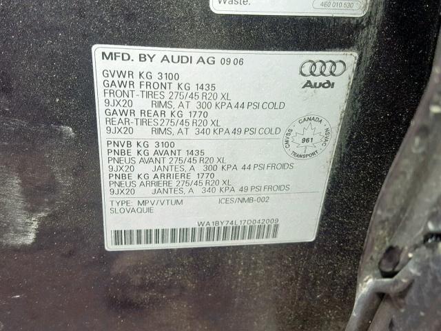 WA1BY74L17D042009 - 2007 AUDI Q7 3.6 QUA GRAY photo 10