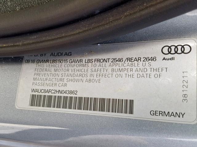 WAUC8AFC2HN043862 - 2017 AUDI A6 PREMIUM GRAY photo 10