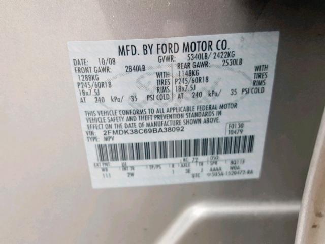 2FMDK38C69BA38092 - 2009 FORD EDGE SEL SILVER photo 10