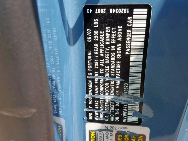 WVWFA71F17V049823 - 2007 VOLKSWAGEN EOS 2.0T L BLUE photo 10