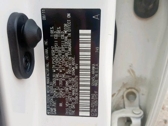 5TDBK3EH8CS097579 - 2012 TOYOTA HIGHLANDER WHITE photo 10