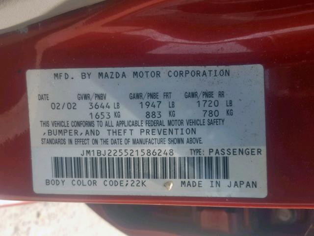 JM1BJ225521586248 - 2002 MAZDA PROTEGE DX BURGUNDY photo 10