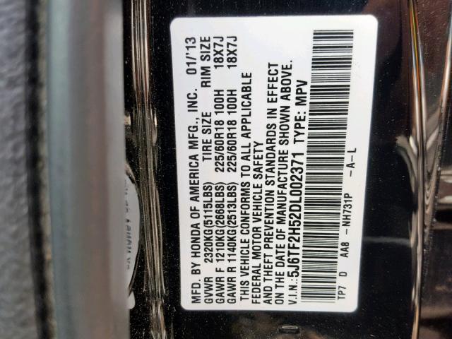 5J6TF2H52DL002371 - 2013 HONDA CROSSTOUR BLACK photo 10