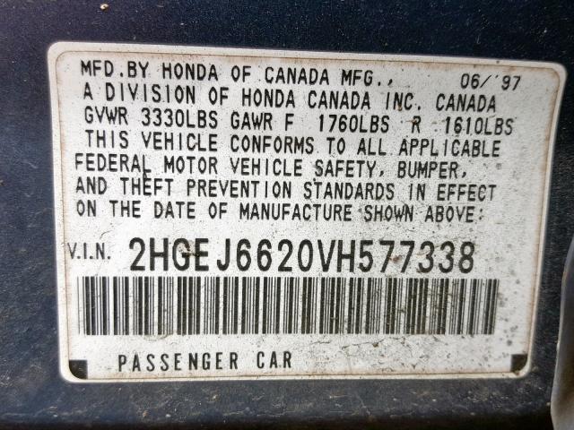 2HGEJ6620VH577338 - 1997 HONDA CIVIC DX BLUE photo 10