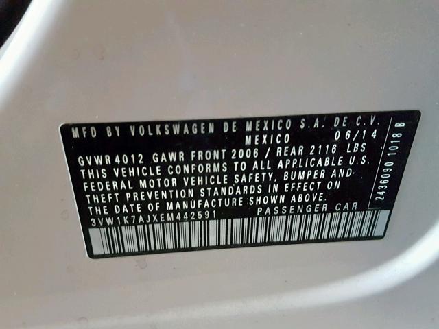 3VW1K7AJXEM442591 - 2014 VOLKSWAGEN JETTA BASE 白色 照片 10