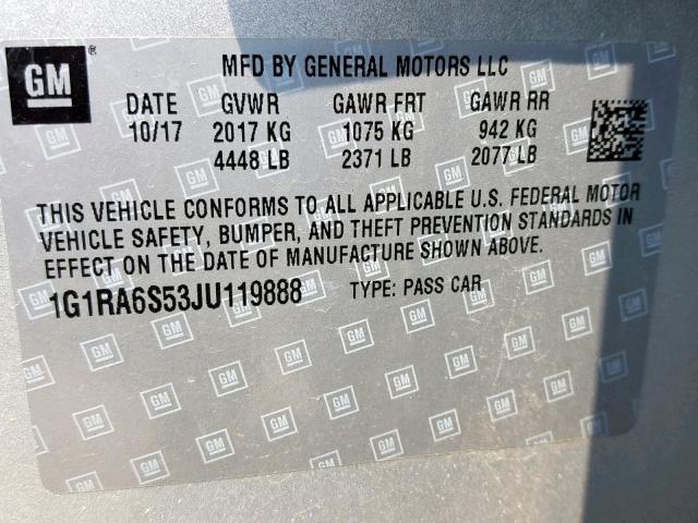 1G1RA6S53JU119888 - 2018 CHEVROLET VOLT LT SILVER photo 10