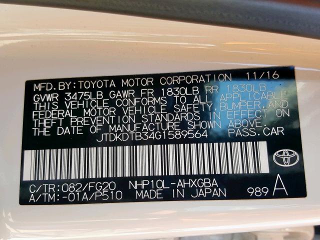 JTDKDTB34G1589564 - 2016 TOYOTA PRIUS C WHITE photo 10