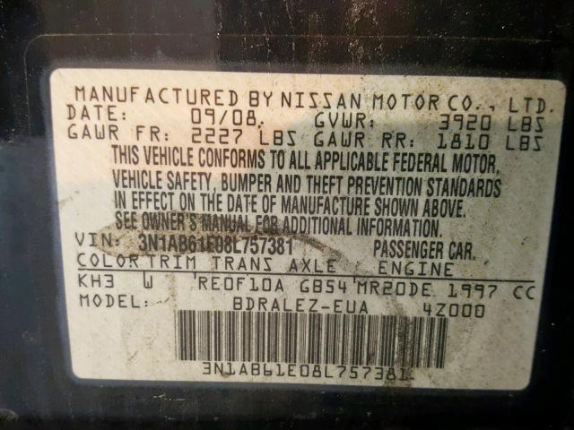 3N1AB61E08L757381 - 2008 NISSAN SENTRA 2.0 BLACK photo 10