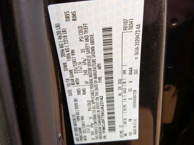 1FMCU0F75KUA23142 - 2019 FORD ESCAPE S SILVER photo 10