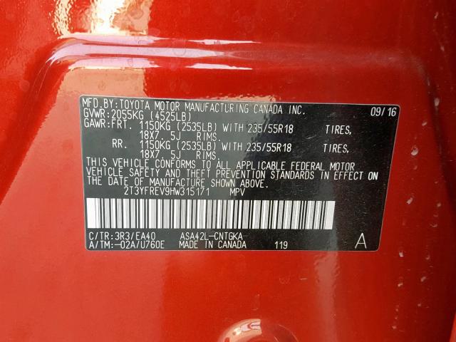 2T3YFREV9HW315171 - 2017 TOYOTA RAV4 LIMIT RED photo 10